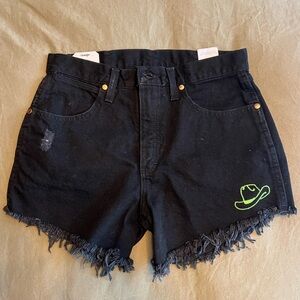 Custom Black Wrangler Reworked Shorts with Cowboy Hat Detail